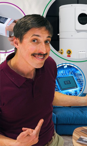 Shawn points to a couch in the living room, where a sensor chip, a thermostat, and a heat pump are visible in colored bubbles.