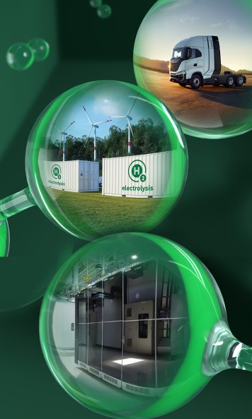 Various hydrogen applications can be seen in molecules. These include a mobile fuel cell in a truck, hydrogen electrolysis and stationary fuel cells.